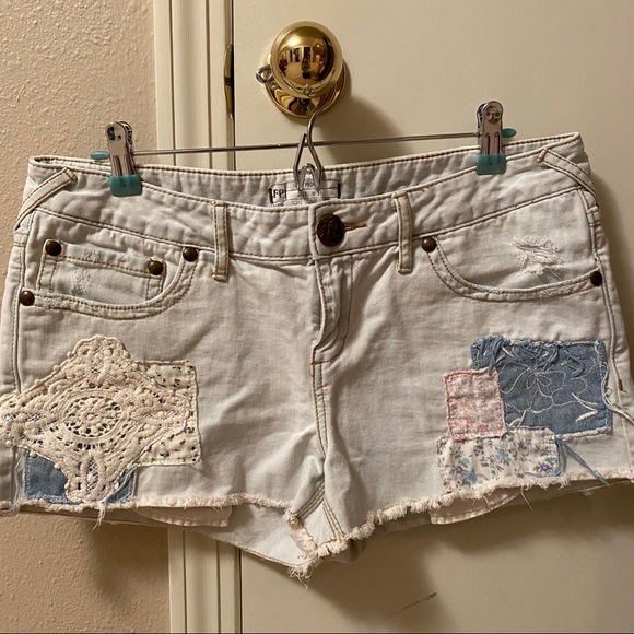 Free People Light Wash Denim Patch Shorts - Picture 6 of 8